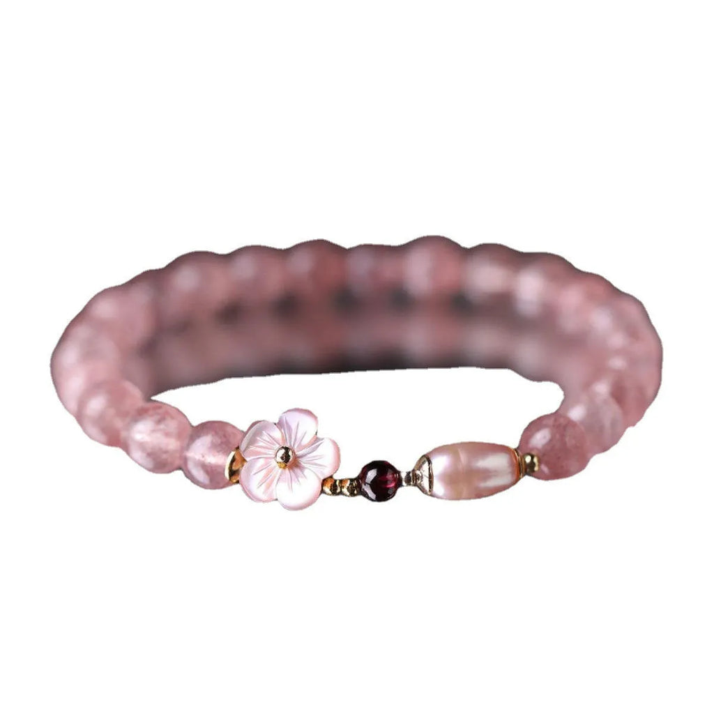 Pink strawberry quartz crystal bracelet with floral design and adjustable clasp for women