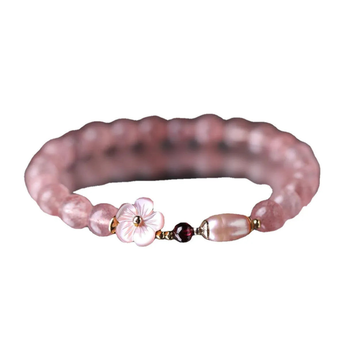 Pink strawberry quartz crystal bracelet with floral design and adjustable clasp for women