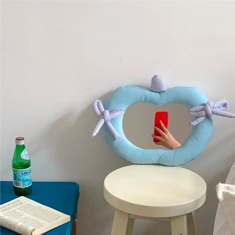 Korean-style decorative wall mirror with aluminium lens and cotton-filled fabric pillow frame in apple green colour