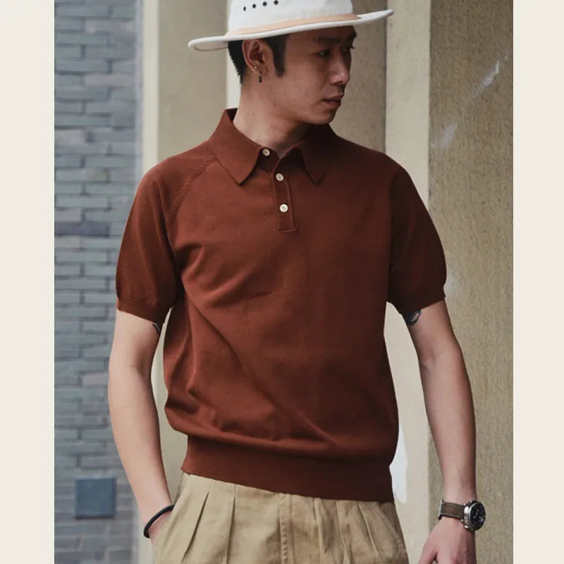 Retro slim-fit cotton short-sleeved t-shirt in dark brown colour