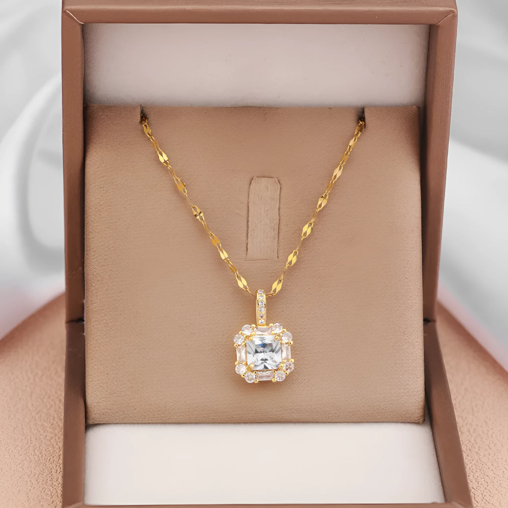 Gold titanium steel clavicle necklace with quadrilateral zircon pendant on water wave chain