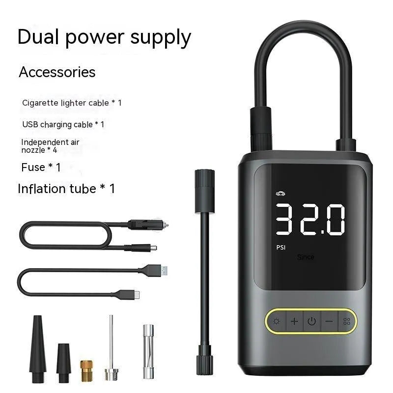 Handheld wireless digital display car tyre inflator with LED light and connection cables