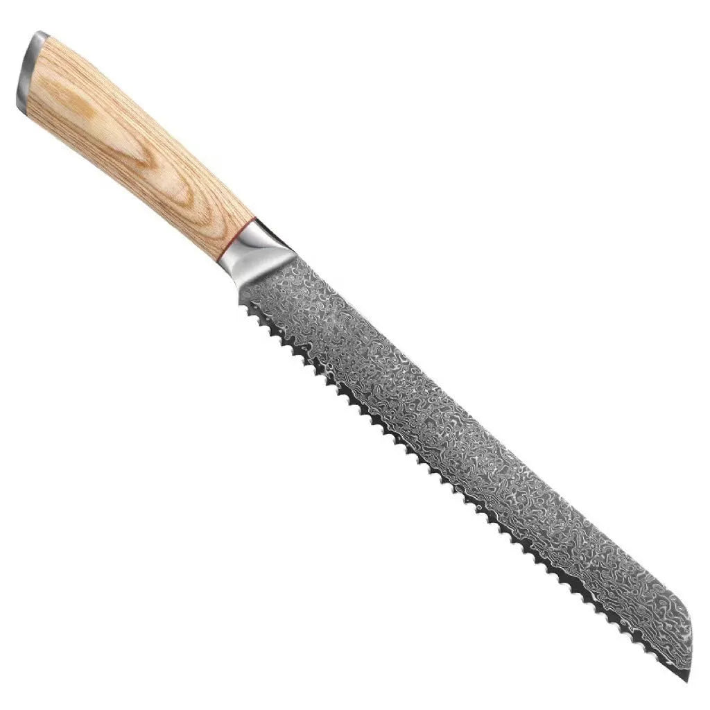 Damascus 12-piece kitchen knife set showing layered steel pattern on various blade sizes from 3.5-inch to 9-inch
