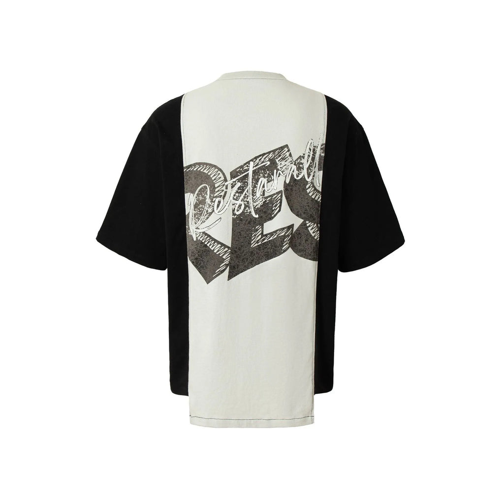 Black and white deconstruction printed oversized cotton blend t-shirt on a model.