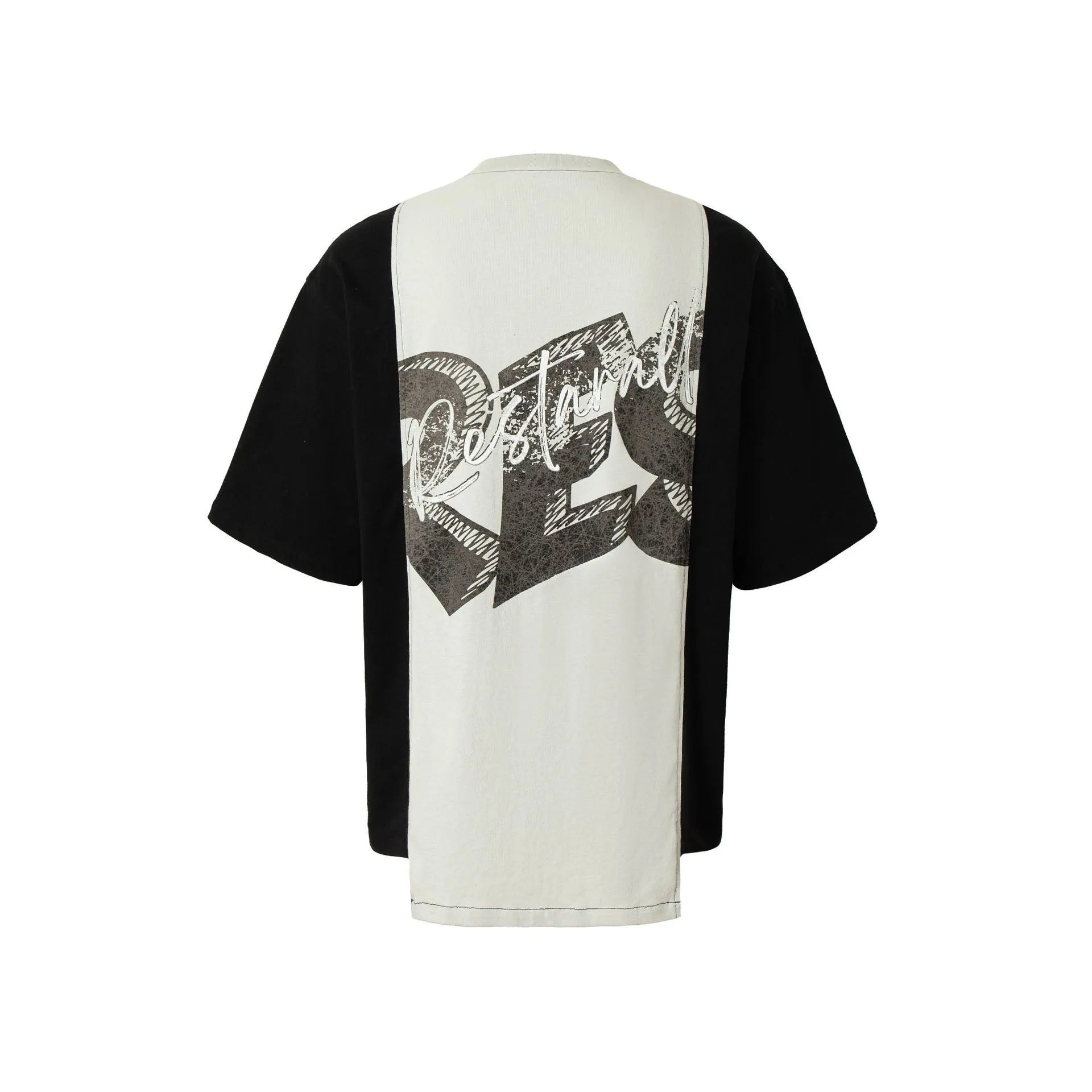 Black and white deconstruction printed oversized cotton blend t-shirt on a model.