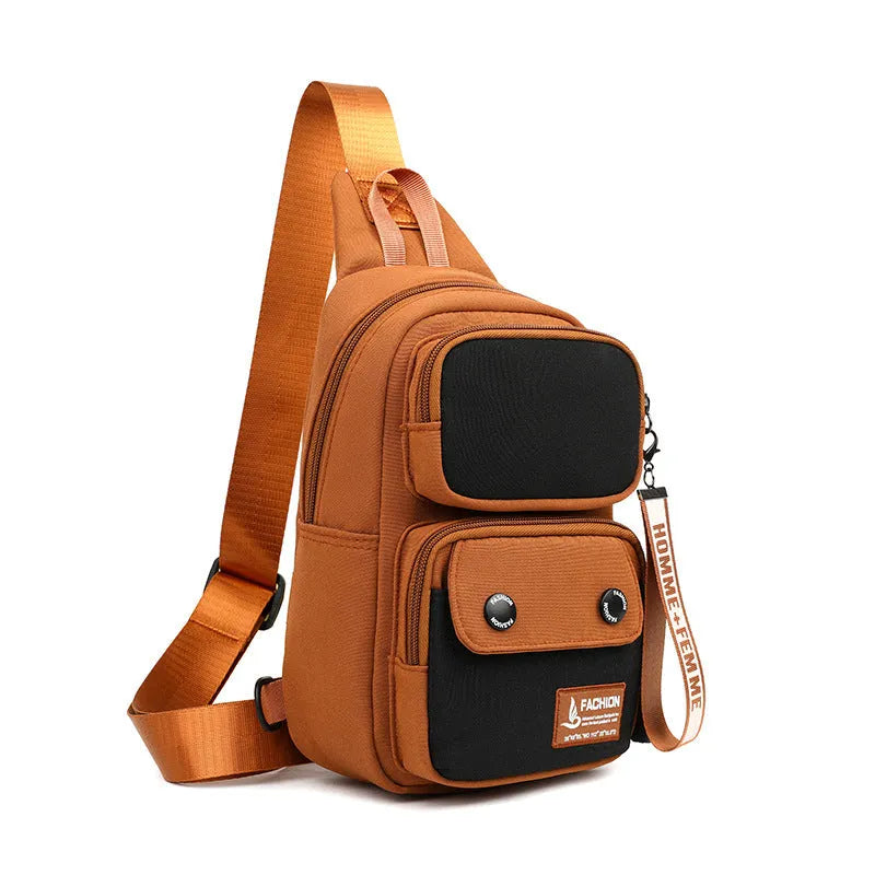 Nylon crossbody shoulder bag for outdoor leisure in black, beige, or light brown contrast colours