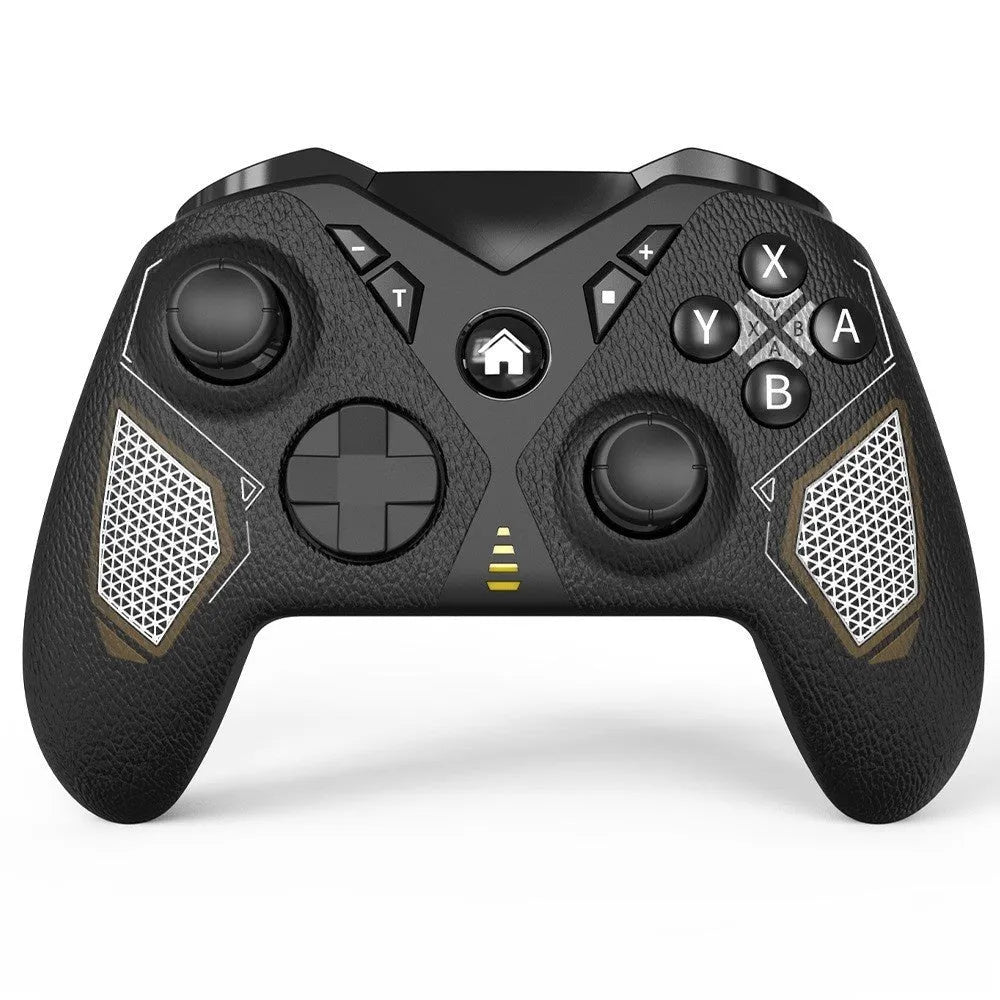 Black wireless Nintendo Switch controller with leather pattern texture on ABS plastic body