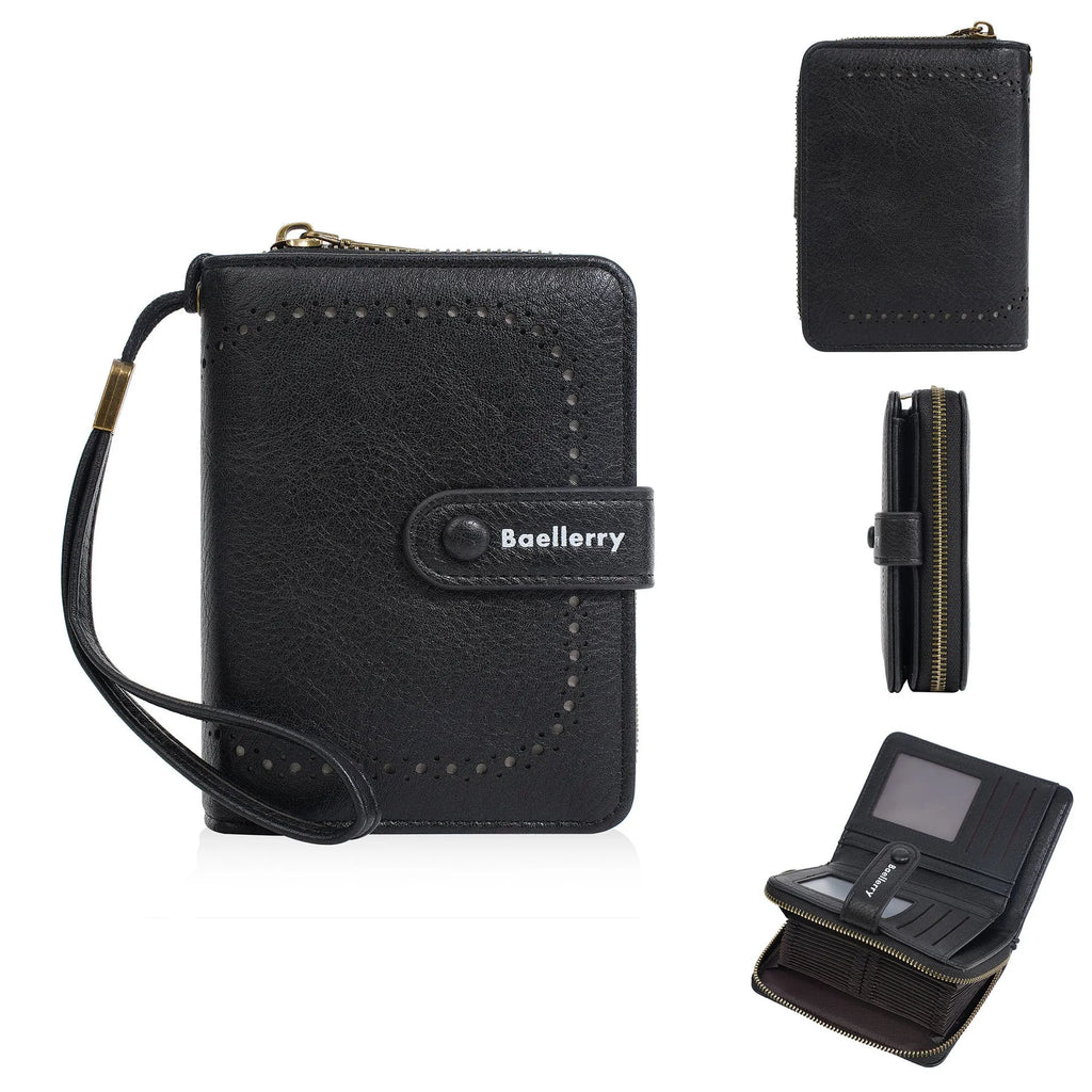 Women's black PU leather zipper coin purse wallet shown open and closed