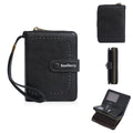 Women's black PU leather zipper coin purse wallet shown open and closed