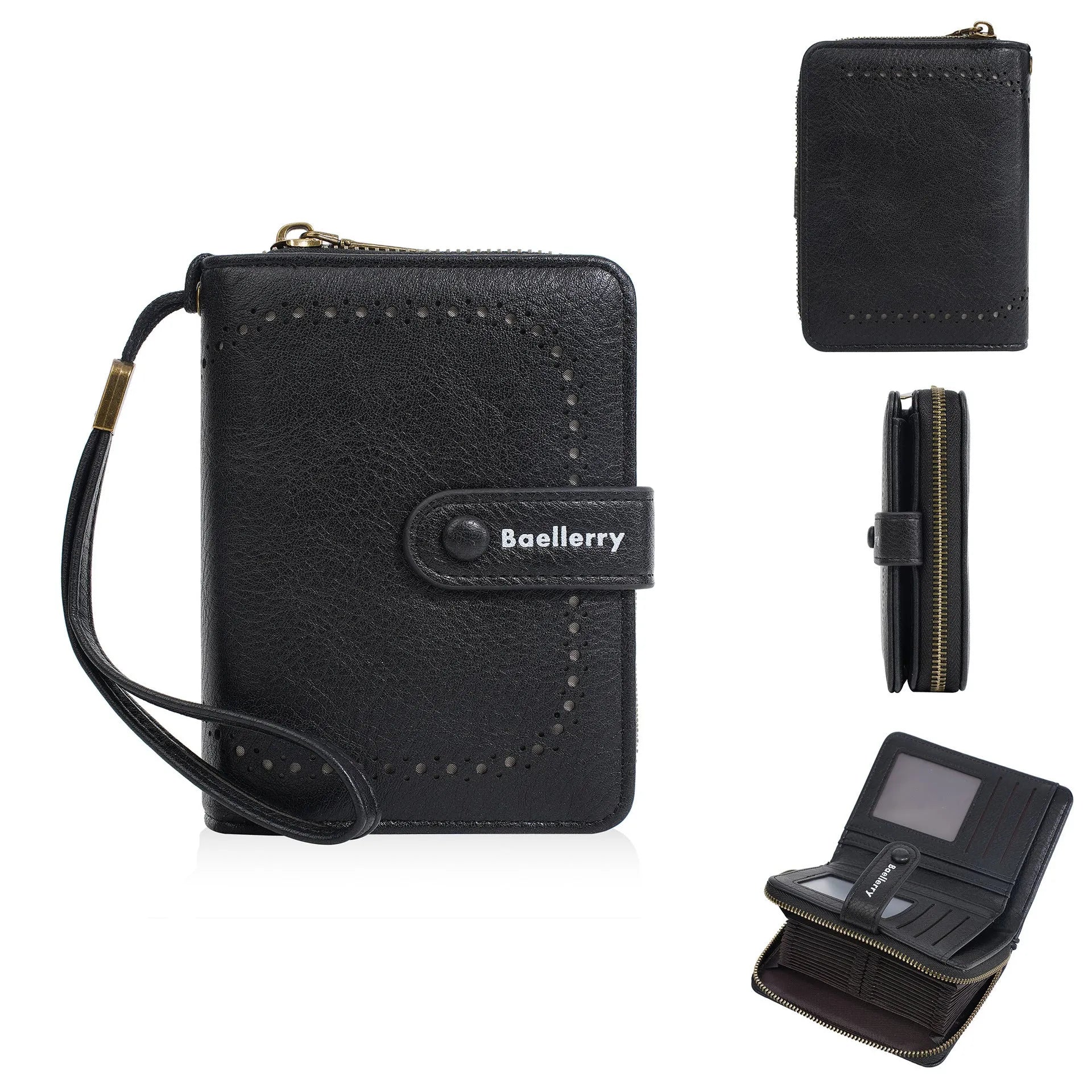 Women's black PU leather zipper coin purse wallet shown open and closed