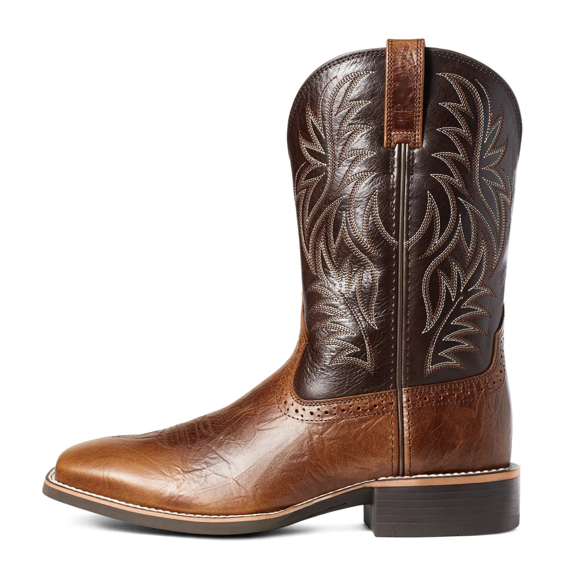 Men's black Western cowboy boots with decorative embroidery stitching, wide square toe, and a high shaft.