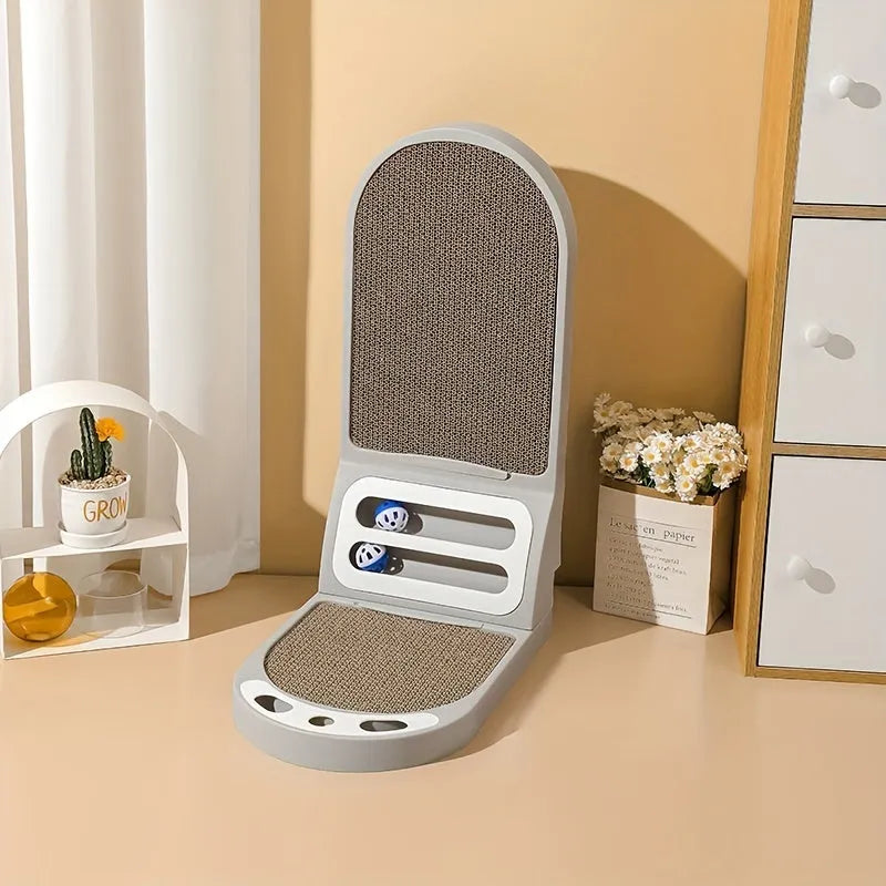 Grey L-shaped cat scratching board with vertical corrugated cardboard panel and sisal rope base.