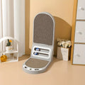 Grey L-shaped cat scratching board with vertical corrugated cardboard panel and sisal rope base.