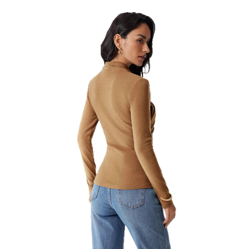Camel-coloured slim-fit women's pullover sweater on a hanger.