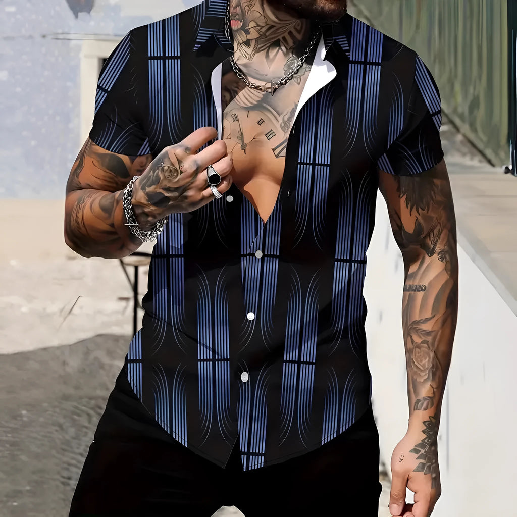 Men's slim fit geometric print short sleeve shirt with a lapel collar on a hanger.
