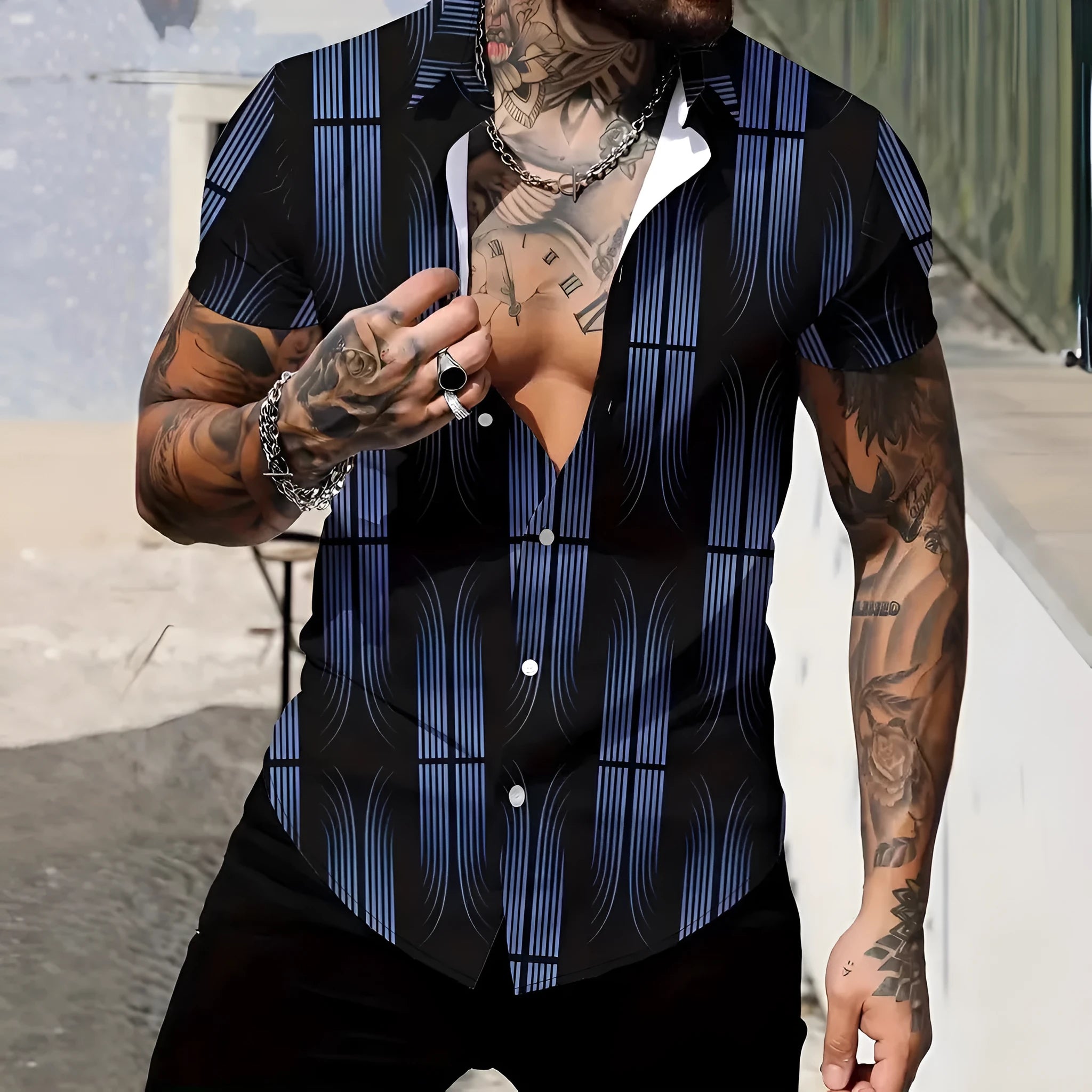 Men's slim fit geometric print short sleeve shirt with a lapel collar on a hanger.