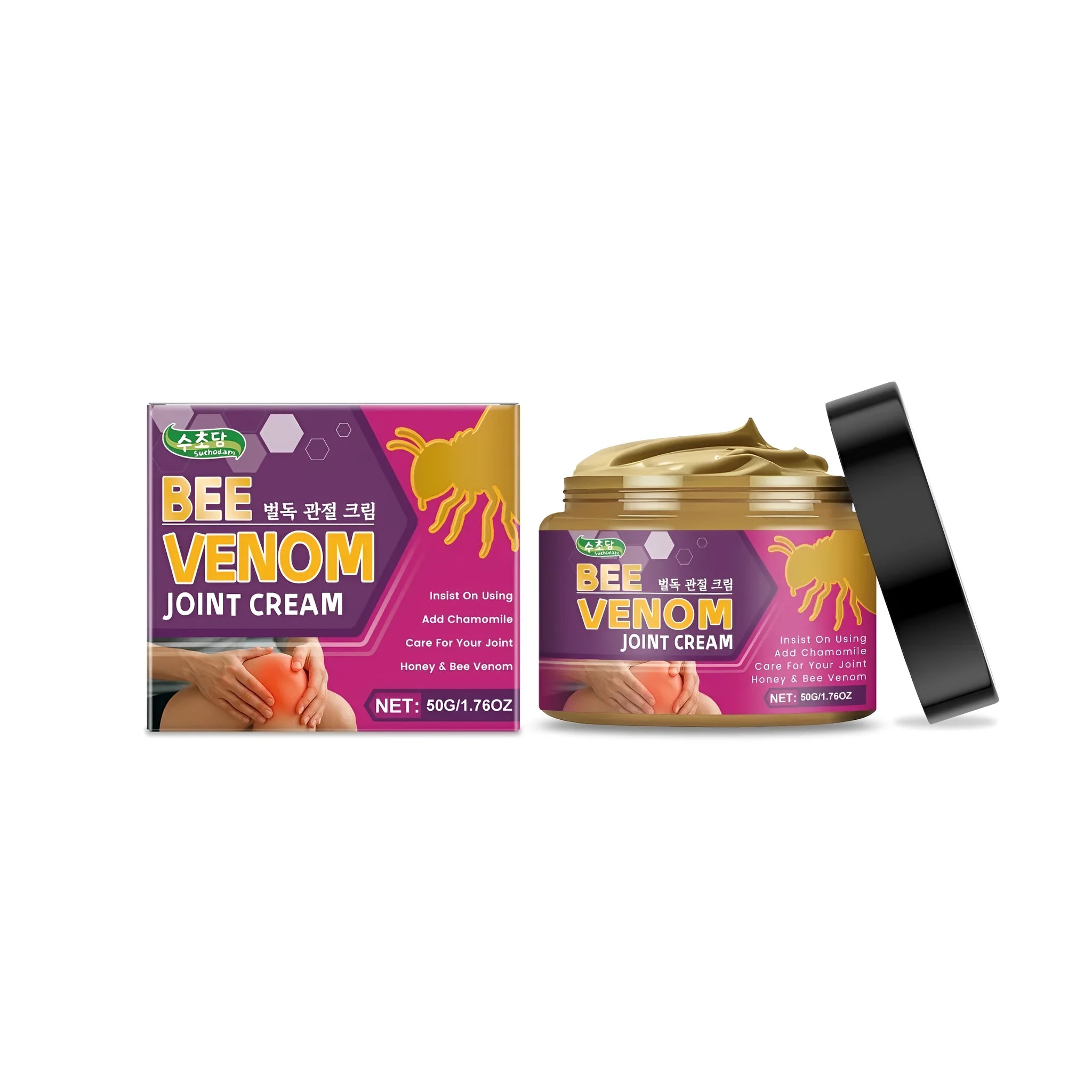 50g container of joint cream with natural ingredients including chamomile and bee venom