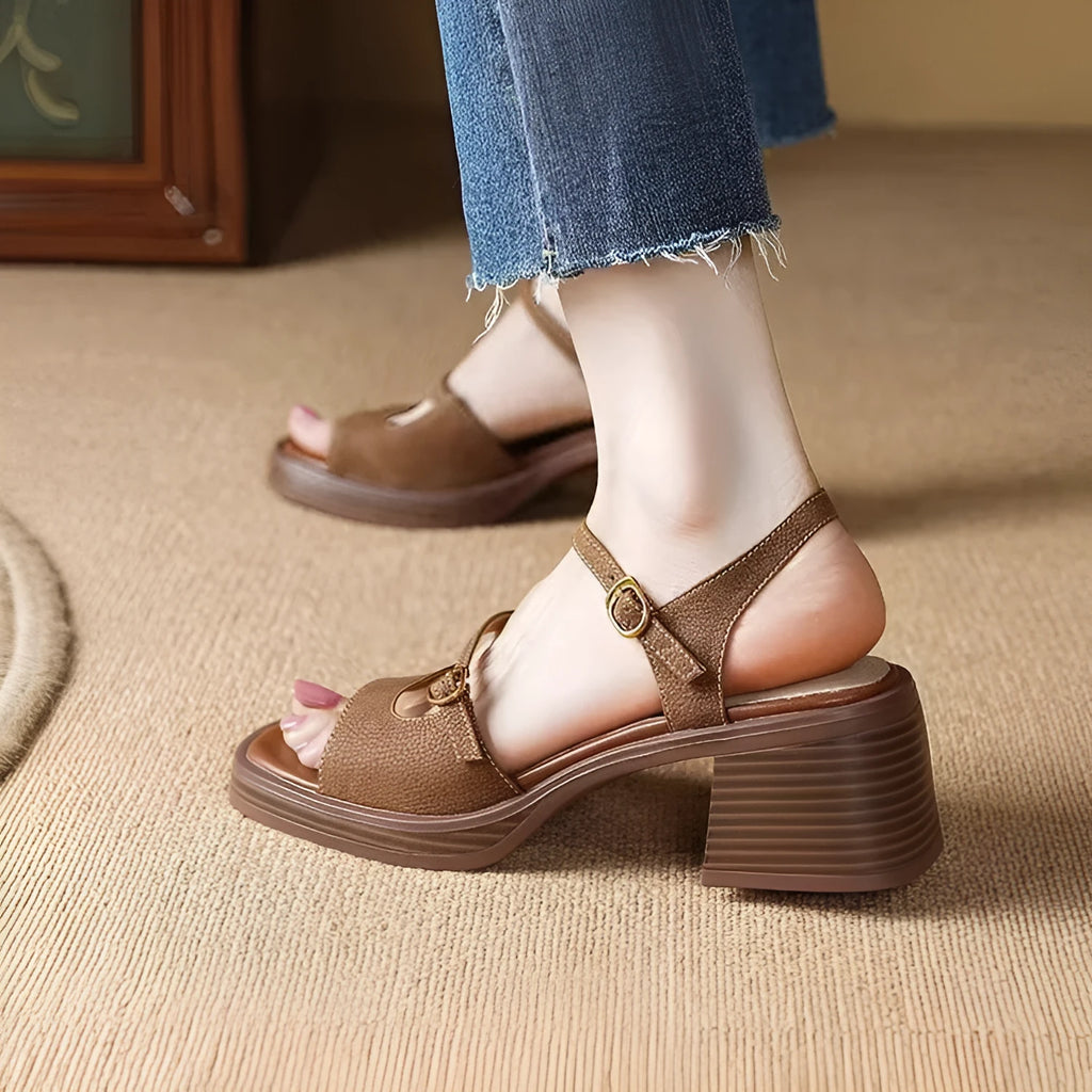 Women's open toe square toe retro platform sandals in milky white and brown colours