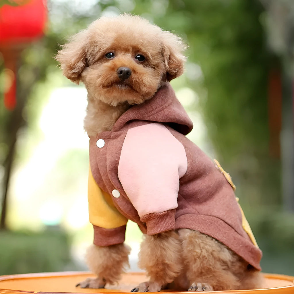 Brown cotton pet sweatshirt for a dog, showing sizes XS to 2XL available.