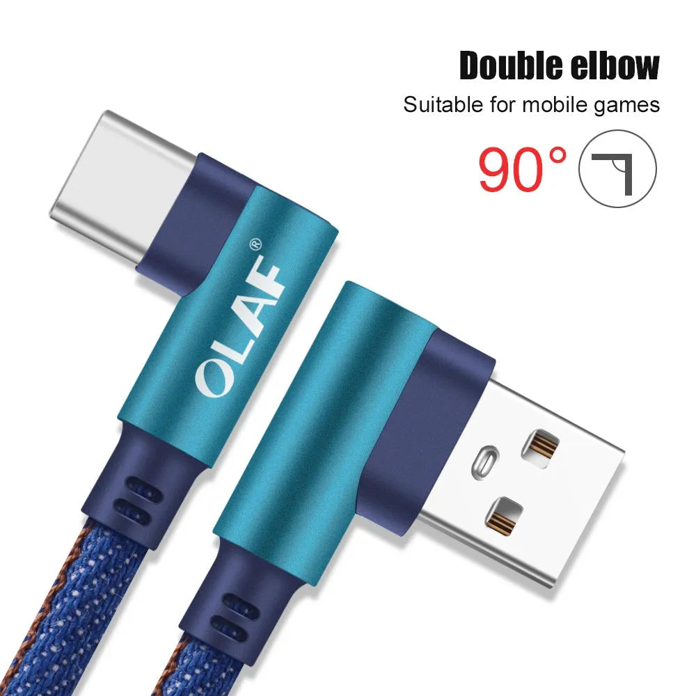 Denim-braided fast charging USB cable with aluminium connectors for Android or Type C devices.