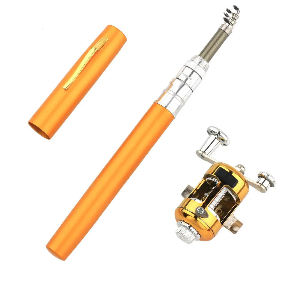 Portable telescopic fishing rod and drum kit in aluminium case, colours include gold, black, silver, red, blue, purple.