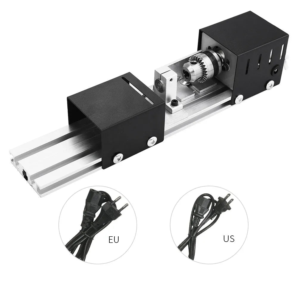 Mini silver metal woodworking lathe with carving knives and accessories for manual turning