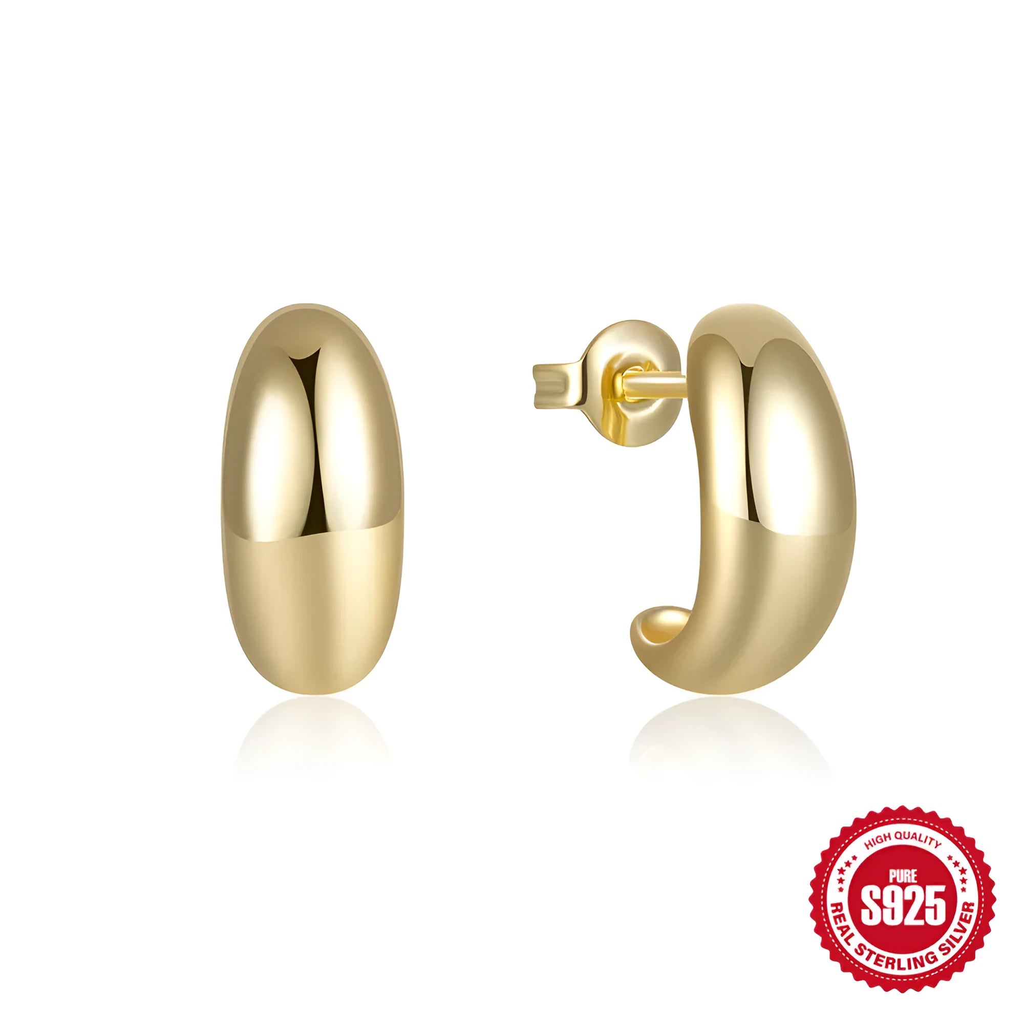 A pair of glossy C-shaped stud earrings in sterling silver, shown in gold and silver colour options.