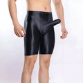 Men's plus size shiny nylon sports shorts in multiple colours on a size chart