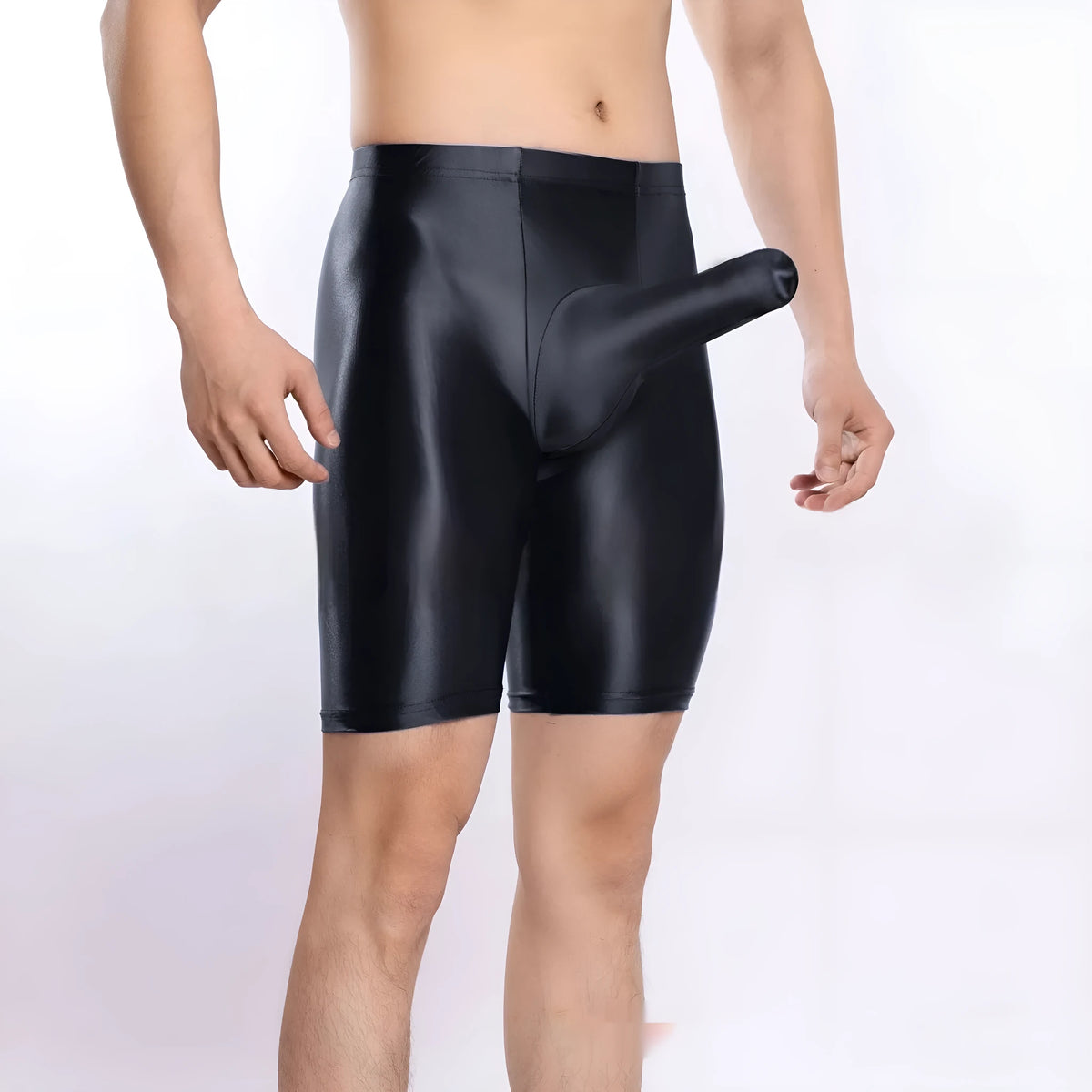 Men's plus size shiny nylon sports shorts in multiple colours on a size chart