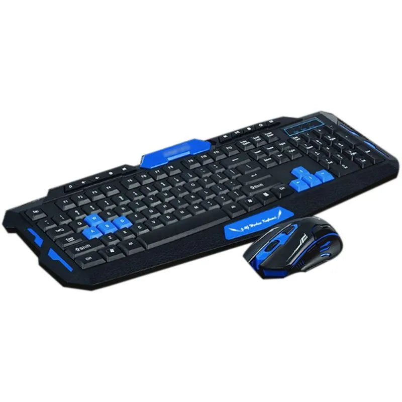 Black and blue wireless keyboard and mouse set with USB receiver on a desk.