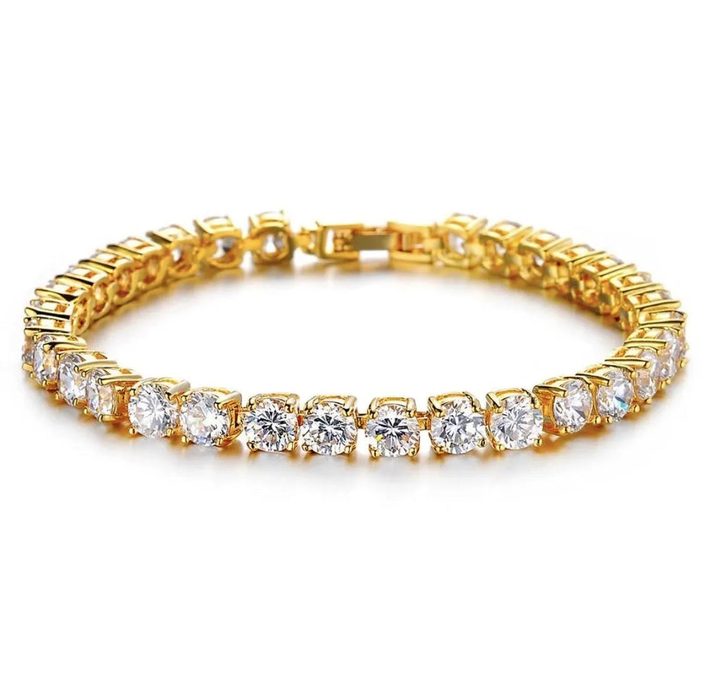 Men's geometric hip hop bracelet with single row iced-out rhinestones and tennis charm on alloy link chain