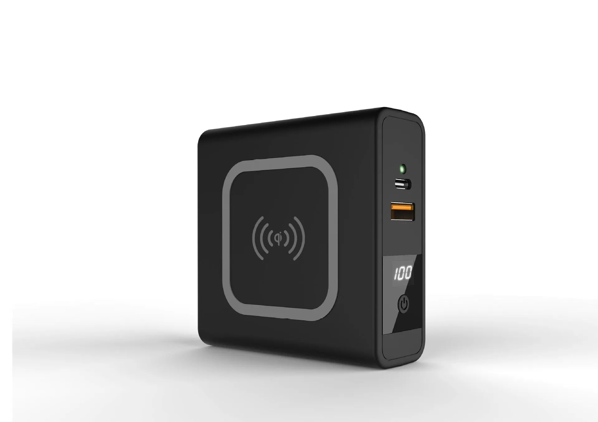 Super QI wireless charging power bank with folding AC plug in black or white colour