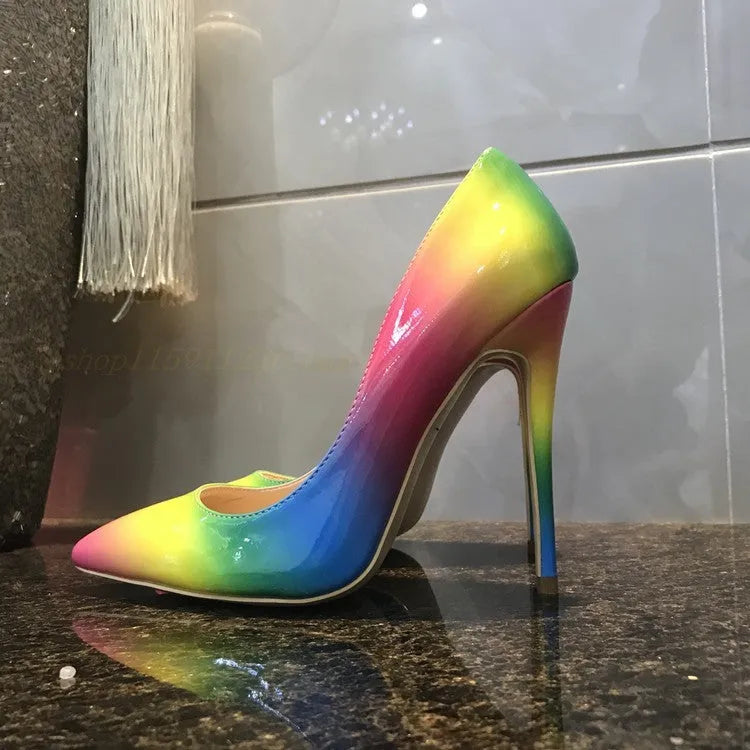Rainbow glossy patent leather women's stiletto sandals with a pointed toe and thin ultra-high heel.