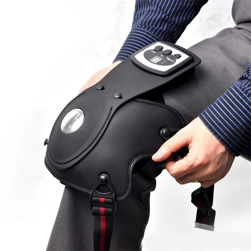 Portable infrared knee and shoulder massager with gel pads and adjustable temperature control unit.