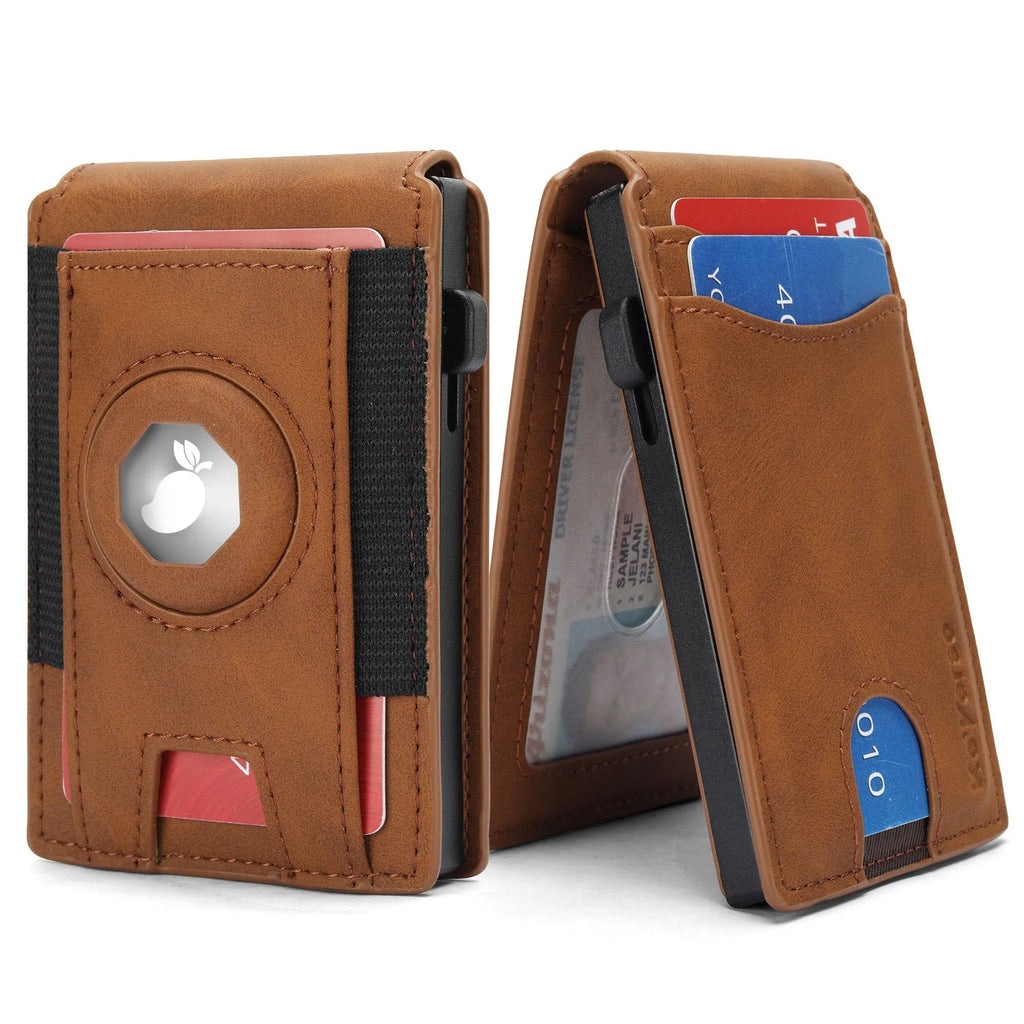Men's slim card holder in microfiber with synthetic leather lining in black, dark brown, or light brown