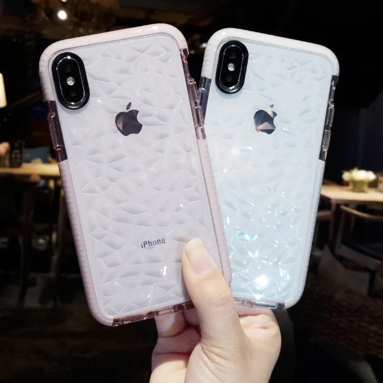 Striped TPU phone case for iPhone shown in black, pink, and white border colour options.