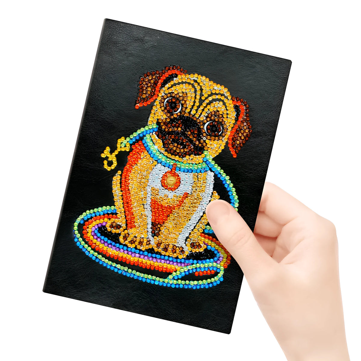Black A5 DIY diamond painting notebook with blank pages, shown closed and open.