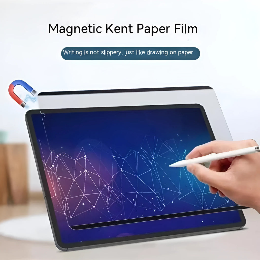 Magnetic detachable writing film for iPad on a tablet, showing application tools.