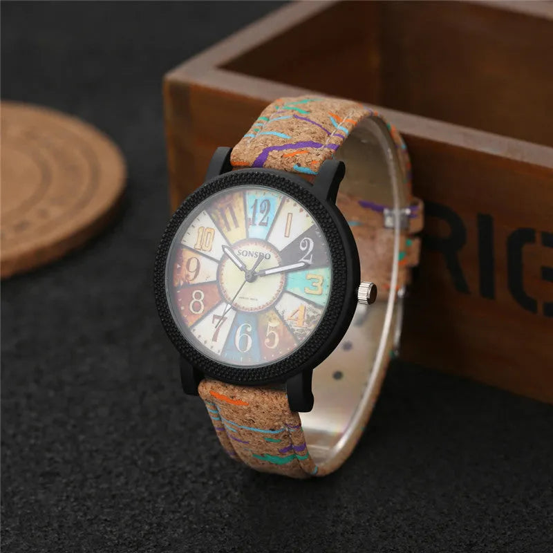 Women's vintage leather wrist watch with round 37mm dial and stainless steel buckle