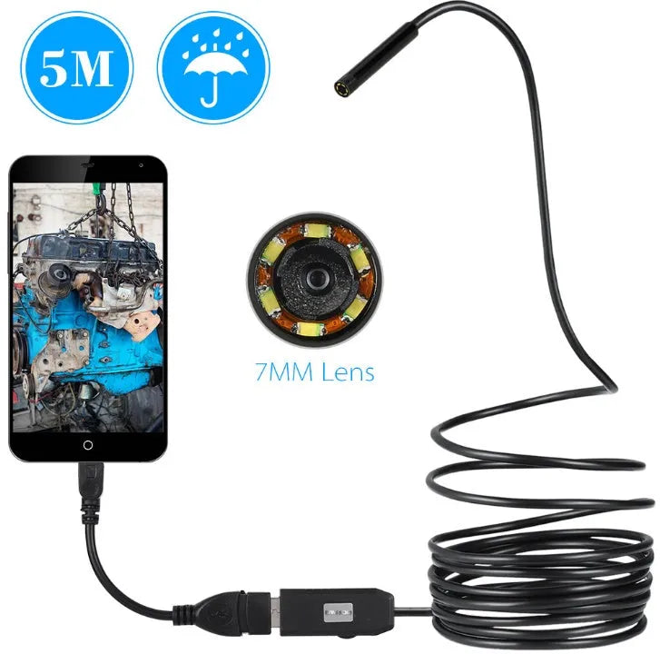 OWSOO USB endoscope camera with 7mm lens, 5m cable, magnet, hook and side audition tools on a white background.
