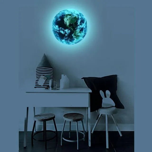 Glow in the dark blue and green Earth planet wall sticker on a bedroom wall.