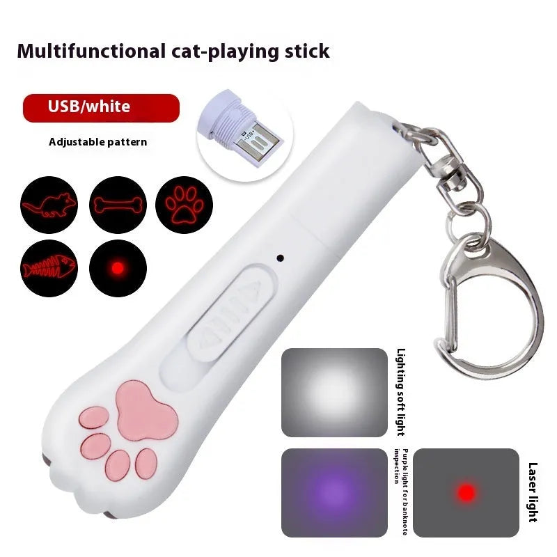 Infrared laser cat teasing stick with miniature paw prints in blue plastic with laser projection
