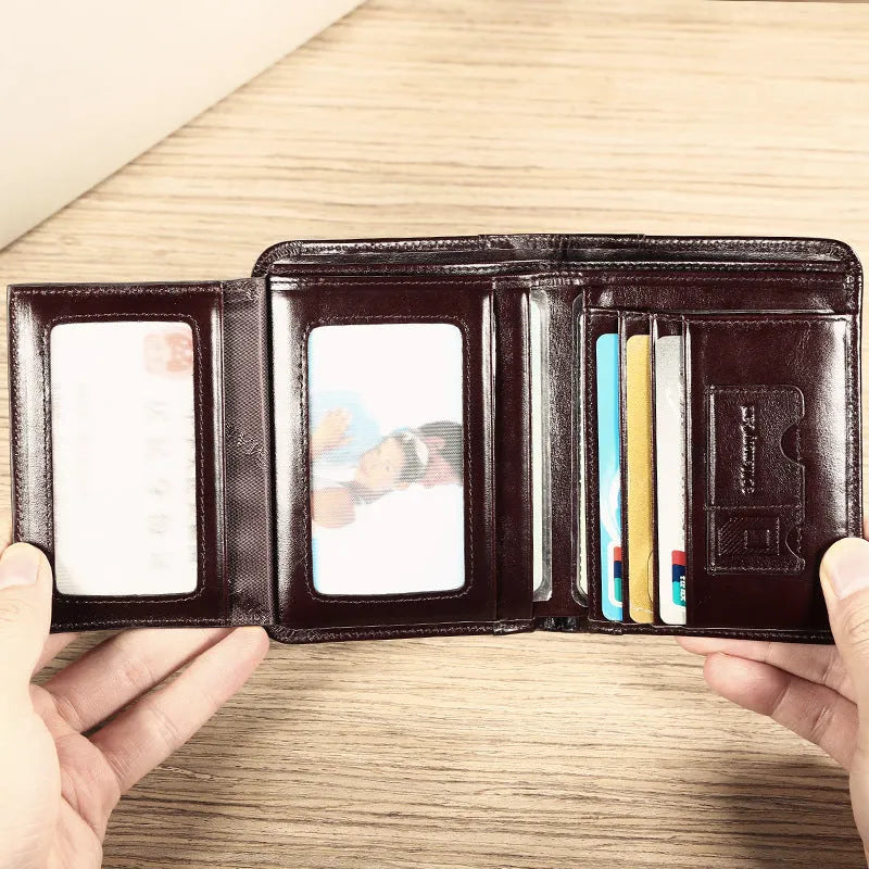 Men's leather wallet showing internal card slots, banknote folder, coin pocket, and document positions