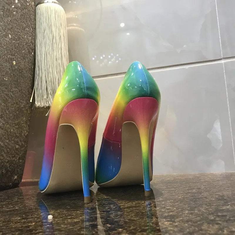 Rainbow glossy patent leather women's stiletto sandals with a pointed toe and thin ultra-high heel.