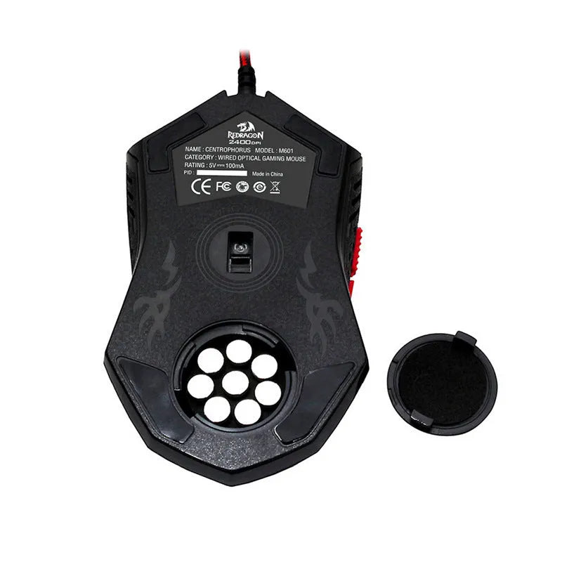 Black and red wired USB ergonomic gaming mouse with six buttons on a desk.