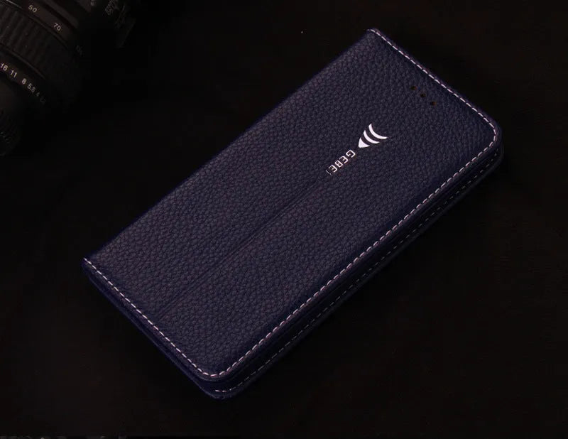 Imported PU leather wallet case for iPhone in black, blue, brown, khaki, or pink with card slot.