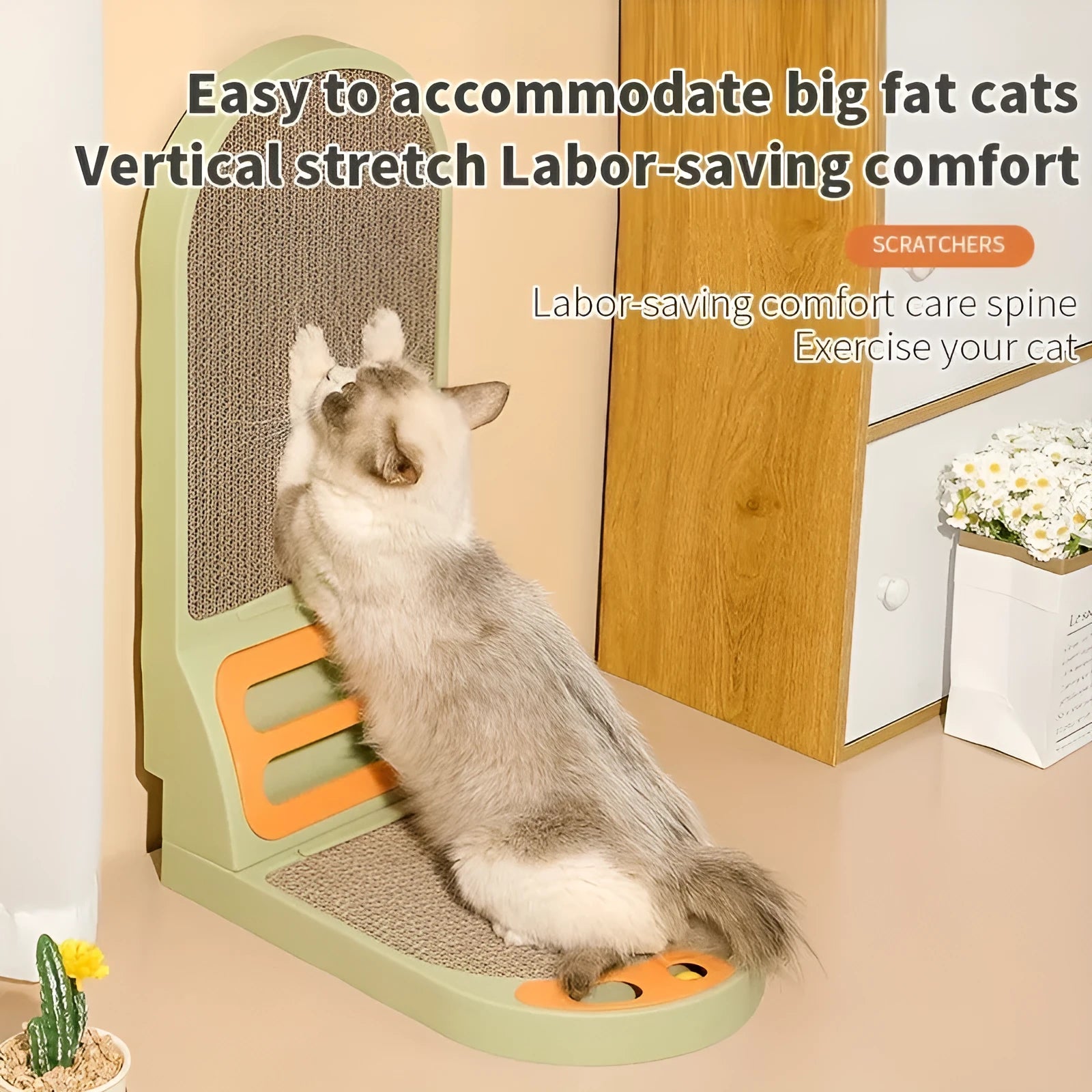 Grey L-shaped cat scratching board with vertical corrugated cardboard panel and sisal rope base.