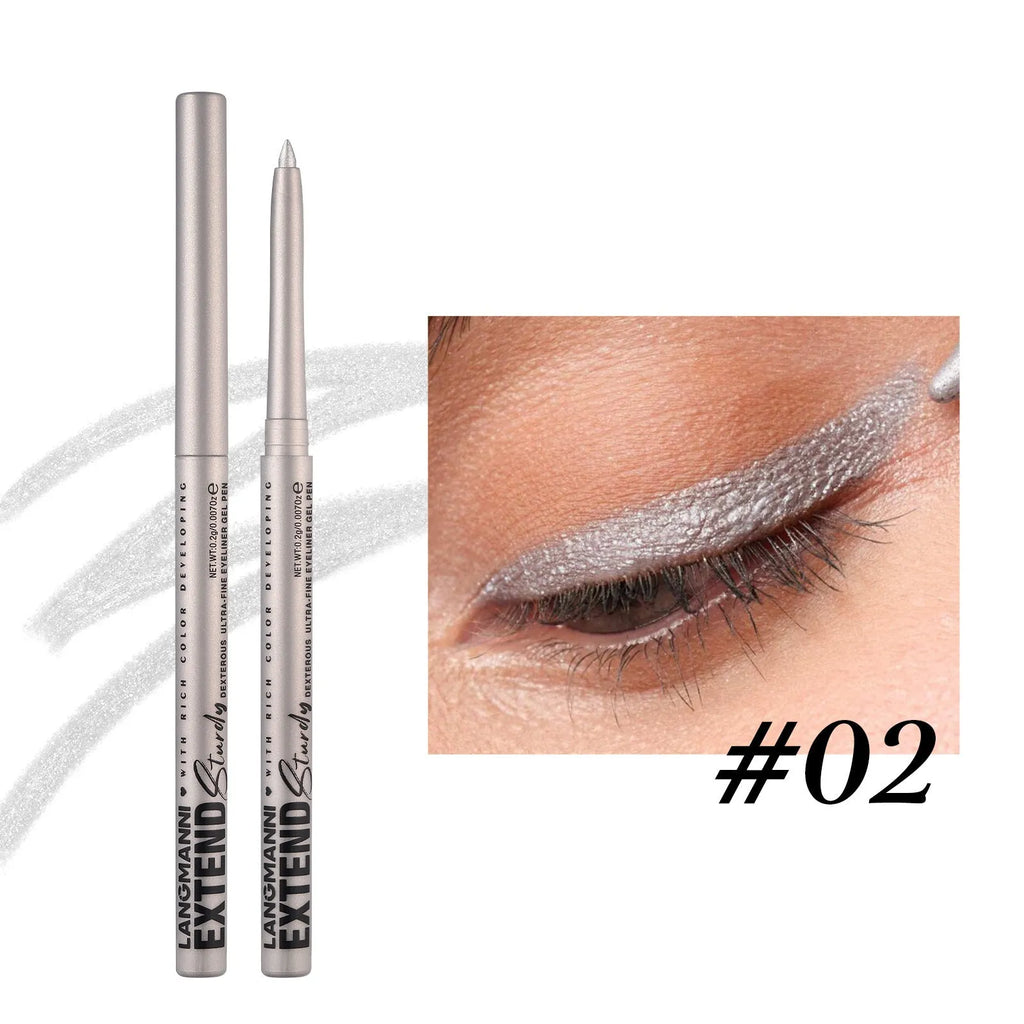 Set of 12 colourful gel glitter eyeliner pencils with various shades on white background