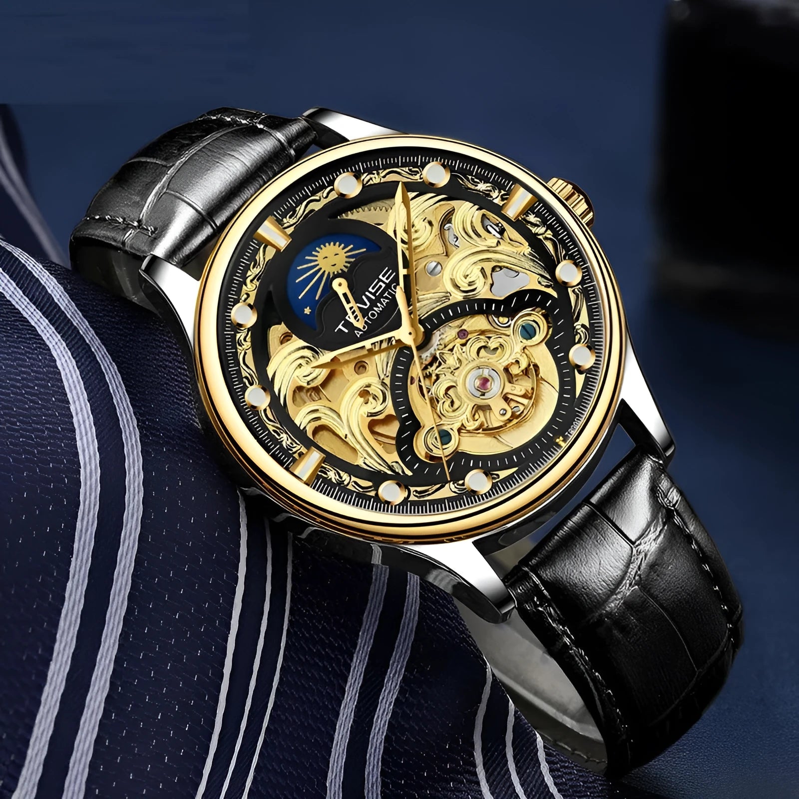 Men's gold leather strap automatic mechanical watch with waterproof business design