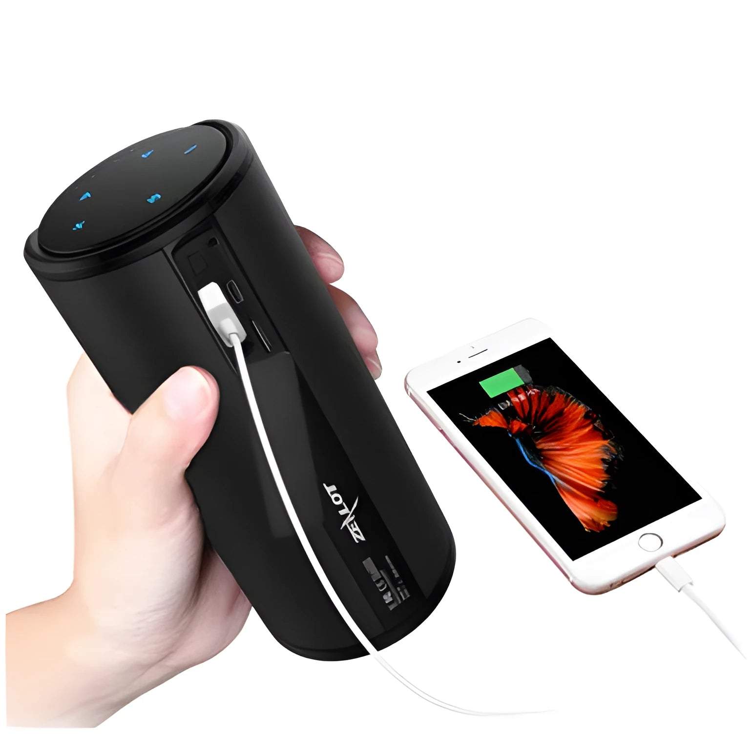 Compact wireless Bluetooth speaker in black, blue, or red with 4000mAh battery.